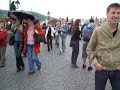madhavi and jeremy walk across the charles bridge in prague (jeremy's first time there) in the rain and find a dixieland band.