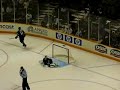 Vesa Toskala goes out to warm up before the 2nd period of the Sharks-Blues game.