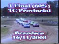 10� fecha: 16/11/2008 1 final (60%) del turismo carretera provincial en el circuito de brandsen. ford falcon sprint, chevy ss, dodge gtx rt, torino 380, valiant i ii iii iv, chevrolet 400, 6 cilindros 4000 cm3, carburador holley 40/40, pistones iasa iapel edival, leva romero beltrameti iskenderian fae escapes gobo silent, caja zf saginaw, diferencial dana 44, butacas nik carpo, tacometro autometer 7500 rpm. todos lo fierros en un circuito de tierra. muy buena categor�a. picadas derrapes trompos adrenalina y mucha acci�n. falcon vs. chevy