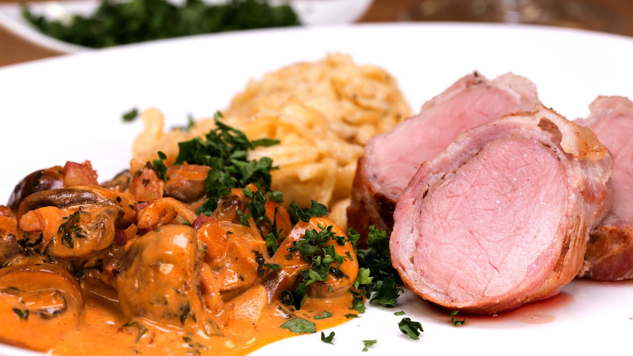 NT Schweinefilet im Speckmantel mit Champignons und Spätzle Einfache Rezepte
