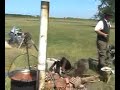 magyarul lsd. lent The shot was taken on a traditional herders event in Hungary Hortobágy National Park in 2007.
Herdsmen are cooking gulyás soup at a name day celebration held at a Hortobágy farmstead.
Bread, sausage and unrendered lard are eaten, then the gulyás is cooked in a large cauldron, and finally ground paprika is sprinkled into the soup.

-------------------------------------------
Pásztorok gulyás levest főznek egy névnapi összejövetelen, egy hortobágyi pásztortanyán 2007-ben.
Kenyér kolbász szalonna a kisszéken, majd a gulyás  főzése, végül piros paprika port szórnak a gulyásba.