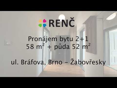 Video Pronájem bytu 2+1, na ul. Bráfova v Brně – Žabovřeskách, 58 m2 s vlastní půdou 52 m2 a s možností už