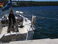 Windy day in the harbour of Mali Losinj, Croatia.  Monohull tied to the dock in the marina.