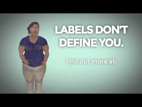 A heavyset, unhappy teen girl next to text 'Labels Don't Define You' A heavyset, unhappy teen girl next to text 'Labels Don't Define You'