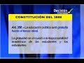 Ecuador Nueva Constitucion Educacion Gratuita hasta el tercel nivel.Articulo 343.- El sistema nacional de educacion tendra como finalidad el desarrollo de capacidades y potencialidades individuales y colectivas de la poblacion, que posibiliten el aprendizaje, y la generacion y utilizacion de conocimientos, tecnicas, saberes, artes manera flexible y dinamica, incluyente, eficaz y eficiente.Articulo 3475. Garantizar el respeto del desarrollo psicoevolutivo de los ninos, ninas y adolescentes, en todo el proceso educativo.