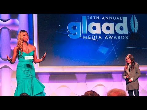 cox - Ellen Page presents Laverne Cox with the Stephen F. Kolzak Award at the 25th Annual GLAAD Media Awards in Los Angeles on April 12, 2014. http://www.glaad.org...