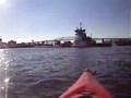 Tugboat and barge u-turn