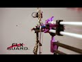 See how the new FLX-Guard™ cable containment system addresses the tuning effects of extreme cable tension and inflexible cable guards found on todays bows. As the bow is drawn, the FLX-Guard™ responds by flexing inward, absorbing much of the cable guard torque that would have otherwise been transferred to the riser. The result is substantial reduction in lateral nock travel, yielding a real advancement in tune-ability, forgiveness and accuracy.