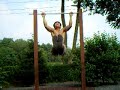 I'm just demonstrating the various types of pull ups that you can do on a pull up bar. I'd have to say that pull ups are one of the best exercises to do. #1 Wide grip pull ups #2 Upper body controlled pull ups #3 Behind-the-neck pull ups #4 90 degree leg lift pull up Regular pull ups work your back and also your shoulders. The wider the grip you have, the wider your lats will be. If your hands are close together, then you will be focusing on your trapezius muscles. Doing chin ups (hands facing inward) will work your back but also pump your biceps. The controlled pull ups (can be referred to as 