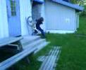 he tried to drop down from the tables to the platform, but!
he forgot braking and went off the platform and bailed xd