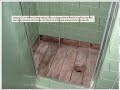 in case you can't read what the pictures say, i rewrote it below:

picture 1-original 1962 shower floor. shower leaking into crawl space over entire area.

picture 2-using a 4.5 inch diamond blade angle grinder, cut at grout line of first tile from floor; the floor was easily removed with hammer and chisel since the water soaked mortar bed was soft

picture 3-the original waterproofing membrane was similar to heavy roofing felt and rested on the wood floor. this membrane only came up on the sides to this cut line- it did not overlap the threshold. the original membrane was completely removed.

picture 4-view looking toward the front of the shower showing the water piping and remains of the water proofing membrane 

picture 5-layer of roofing felt put down against the wood floor and 