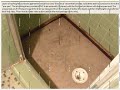 in case you can't read what the pictures say, i rewrote it below:

picture 1-original 1962 shower floor. shower leaking into crawl space over entire area.

picture 2-using a 4.5 inch diamond blade angle grinder, cut at grout line of first tile from floor; the floor was easily removed with hammer and chisel since the water soaked mortar bed was soft

picture 3-the original waterproofing membrane was similar to heavy roofing felt and rested on the wood floor. this membrane only came up on the sides to this cut line- it did not overlap the threshold. the original membrane was completely removed.

picture 4-view looking toward the front of the shower showing the water piping and remains of the water proofing membrane 

picture 5-layer of roofing felt put down against the wood floor and 
