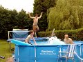 messing about with a trampoline and swimming pool