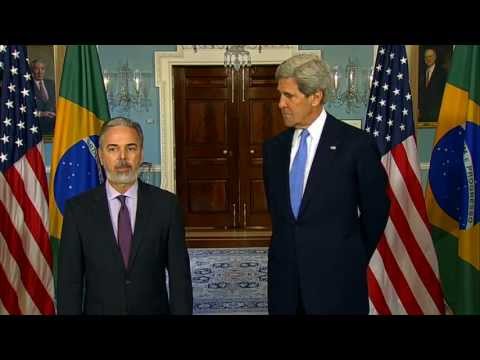 minister - U.S. Secretary of State John Kerry delivers remarks with Foreign Minister of Brazil Antonio de Aguiar Patriota at the U.S. Department of State in Washington,...
