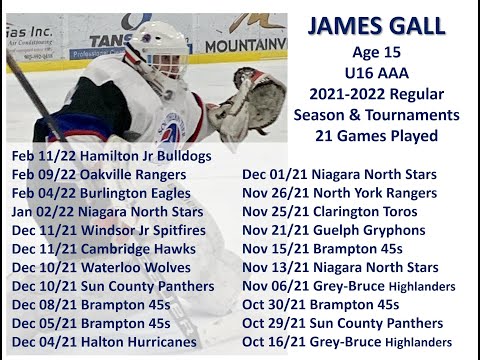 2021/22 Age 15 Regular Season U16 AAA James Gall 2006 Elite Goalie - Oct 2021 to Feb 2022 Highlights
