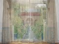 See-thru murals as custom painted curtains for windows in small rooms (or enormous rooms) bring to view beautiful scenery, perspective, historic gardens, refreshing sunlight and architectural drama. Custom scrim curtains are the ideal solution for the living room without a view.