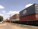 Westbound stack train at Streator, IL. with two DPU\ Westbound stack train at Streator, IL. with two DPU\
