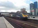 An East Midlands Trains HST (Valenta/VP185) arrives and departs Leicester with clag on 01/03/08.