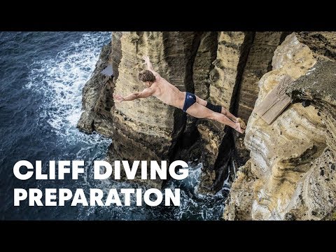 Preparing to cliff dive in Portugal - Red Bull Cliff Diving World Series 2014
