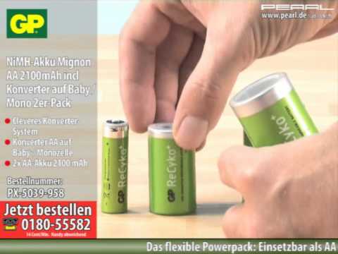 GP NiMH-Akku Mignon AA 2100mAh incl Konverter auf Baby / Mono 2er-Pack