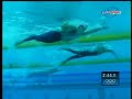underwater footage of the women's 400 final. poland's otylia jedrzejczak (closest to the cam, 6-beat kick) battling france's laure manaudou (next lane, 2-beat kick).
