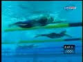 underwater footage of the women's 400 final. poland's otylia jedrzejczak (closest to the cam, 6-beat kick) battling france's laure manaudou (next lane, 2-beat kick).