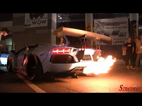 FLAMETHROWER KING!  Lamborghini Aventador Liberty Walk widebody spitting flames in Las Vegas!!