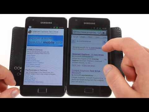 ICS - Two Galaxy S II droids running Android 4.0 Ice Cream Sandwich and Android 2.3 Gingerbread compared side by side. You can find out more at www.gsmarena.com.