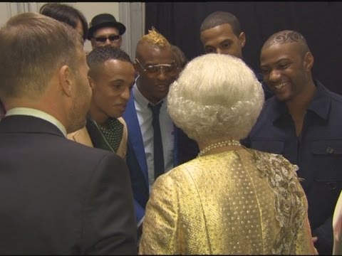 The Queen jokes with JLS about her TV dinners backstage at the Diamond Jubilee concert Video