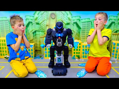 Vlad and Niki play with Bat-Tech BatBot kids toy and save the city