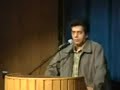 شعر فکاهی با مضمون انتقادی - اجتماعیآدمی می‌شناسم از دوزخ  خوف و تشویش دارد و من نهبس که می‌ترسد از عذاب خدا هول از آتیش دارد و من نهدائما ذکر گوید و تسبیح در کف خویش دارد و من نهقلبی آکنده از خدا و سری باطن اندیش دارد و من نهبس عجول است در رکوع و سجود گویی او جیش دارد و من نهتا رسد ز آسمان به او الهام دو سه تا دیش دارد و من نهگوییا با خدا بود فامیل او که این کیش دارد و من نهبهر ماموریت ز بیت المال هی سفر پیش دارد و من نهبرنگشته ز انگلیس هنوز سفر کیش دارد و من نهبهر حج تمتع و عمره کوپن و فیش دارد و من نهزندگی تخته نرد اگر باشد او دو تا شیش دارد و من نهپانزده تا مغازه یک پاساژ توی تجریش دارد و من نهدر دزاشیپ باغ و در قلهک خانه از خویش دارد و من نهپانزده تا عیال صیغه و عقد بی کم و بیش دارد و من نهگرچه با گرگ‌ها بود دم خور ظاهر میش دارد و من نهدانی او این همه چرا دارد چون‌که او ریش دارد و من نهمیکروفون را بگیر از هالو سخنش نیش دارد و من نهa comic Persian poem criticizing the religious people committing hypocritical acts.