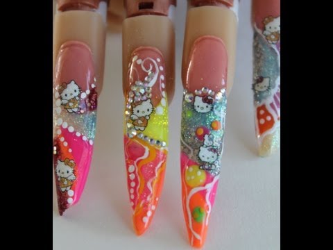 Design white (Step Nail Hello nails By Kitty glitter acrylic on Stiletto youtube  Tutorial diy