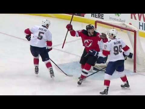 Video: Devils' Bratt scores with bank shot off the skate of Panthers' Ekblad