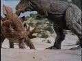 Alien Tyrannosaurus vs. Alien Stegosaurus, and Alien Tyrannosaurus vs. Alien Rhedosaurus from Planet of Dinosaurs (1979). Footage is © ... I don't know who, actually. But whoever owns it, it belongs to them. Not me.