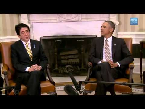 abe - President Obama and Prime Minister Shinzo Abe of Japan speak to the press after a bilateral meeting in the Oval Office. February 22, 2013. Read