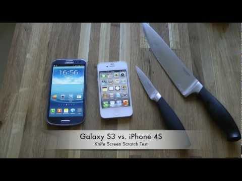 Galaxy S3 vs iphone 4S - Xperia Z vs. Galaxy S3 - Knife Test: https://www.youtube.com/watch?v=NmdA2QXtxnE Which is the most durable smartphone when you scratch the screen?