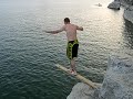 my friend's bachelor party weekend in austin, tx. stopped off for cliff jumping on lake travis. we found a board and jammed it into the rock for jordan to walk the plank.