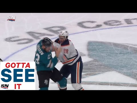 Connor McDavid Dropped In Neutral Zone Then Brandon Manning Fights Barclay Goodrow