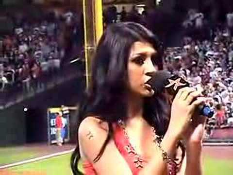 Paula DeAnda sings the National Anthem at the Houston Astros