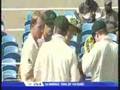Chanderpaul has been hit by a bouncer and drops to the ground. He was trying to duck but got hit flush on the helmet on the side. Lee is the first one to reach across. Chanderpaul was lying still, not moving at all and might be unconscious....