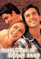 Main Prem Ki Diwani Hoon - Main Prem Ki Diwani Hoon, a triangular love story where each character rises above all odds to let love triumph at the end. Sanjana is a young, vibrant girl who has just finished her college. Her mother is very keen to get her married to a rich, eligible bachelor, Prem. Sanjana is taken aback by the extreme measures that her mother undertakes to ensure that Prem (Hrithik Roshan), who comes and stays with them for a month, likes her daughter. Prem enters Sanjanas life but she does not like him one bit! His habits and hobbies are diametrically opposite to hers. However, he manages to charm his way into the hearts of her mother, father and even her dog! As she gets to know him better, she falls hopelessly in love with him a love so deep that it will last till the end of time. But suddenly, comes along another Prem (Abhishek Bachchan) who walks into her life as though he was meant to. Where does destiny lead her? Who will she ultimately go to  to the Prem who won her over or the Prem who was meant to be with her?