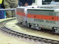 california zephyr in 1/29 scale with western pacific f3 set and diesel-electic hauled ore car train on indoor track of peter cole, 2008 perth, western austrlia amra model train show