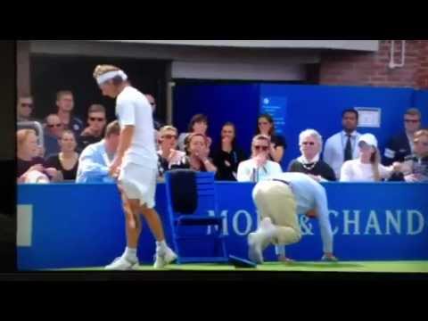 kicks linesman - David Nalbandian kicks linesman in frustration at the AEGON Queens club final 2012 and seriously injures him.