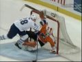 Colton Orr runs over Michael Leighton