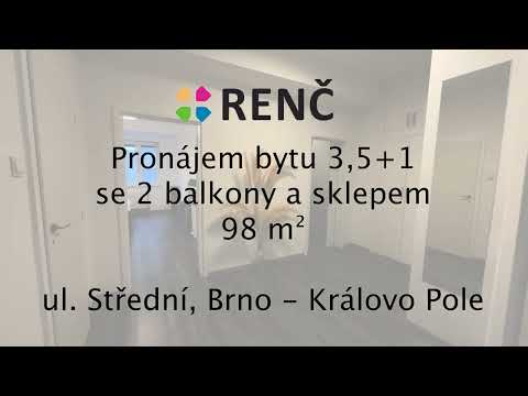 Video Pronájem zděného nezařízeného bytu 3,5+1, 96 m2 se dvěma balkony v Brně – Králově Poli, na ul. Střed