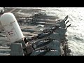 footage of forward and aft mk 15/12 cwis are fired during a function check exercise aboard the amphibious assault ship uss peleliu (lha 5). peleliu is the command platform for the peleliu amphibious ready group and 5th security operations and theater security cooperation efforts in the us 5th fleet are of responsibility. scenes include various shots of jets and helicopters on the flight deck, service members working on the flight deck, shots of the ocean and of the the guns firing from the ship. provided by defense imagery management operations center.