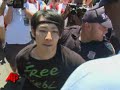 Chaos broke out at the annual July Fourth hot dog eating contest at New York's Coney Island when six-time champion Takeru Kobayashi tried to jump on stage shortly after the winner was announced. Kobayashi did not compete in this year's event. (July 4)