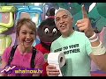 it's another messy round of gunging, for the green team and the blue team.  each studio contestant is matched up with a phone caller, but if a wrong answer is given, it's gunge time!
for more on new zealand's what now show, check out http://www.whatnow.tv