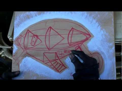 OutsiderArtwork - Visionary Gregory Wells with flying saucer design. Outsider Art Brut Gallery exhibit. Outsider Art Gallery exhibiting Leon Kennedy, Barry C Paul, Heather Hol...