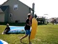my friend trying to go down a water slide